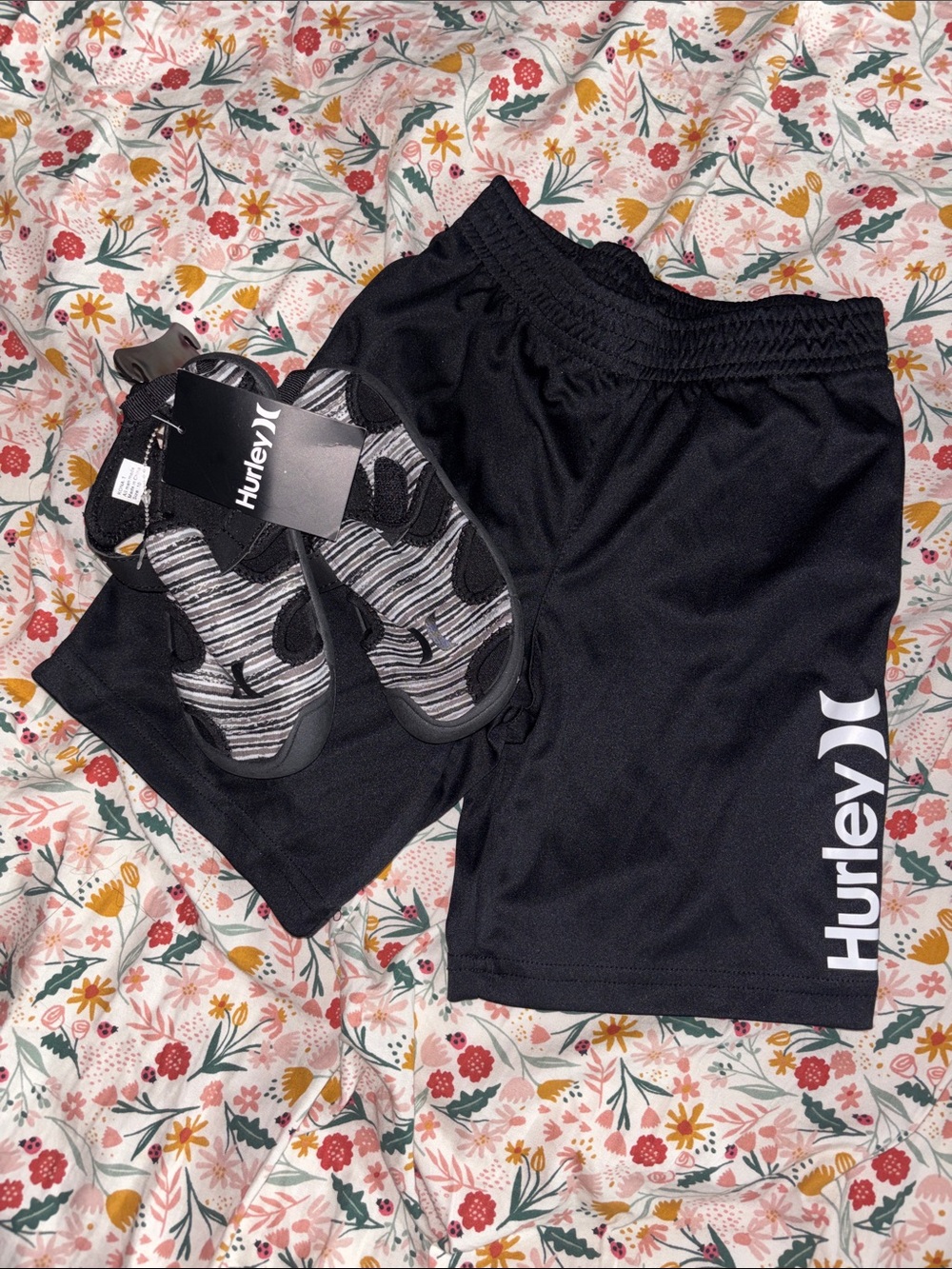Hurley Black Kids Matching Sandals (10) and Shorts (6) with White Logo
